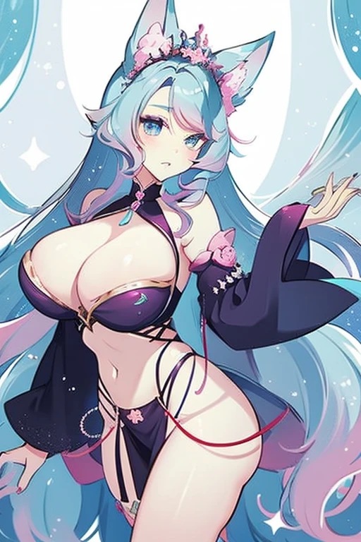 silvervale, vtuber, busty woman, questionable, thick hips, thin waist, exiting shower, light blue hair with soft pink highlights, 