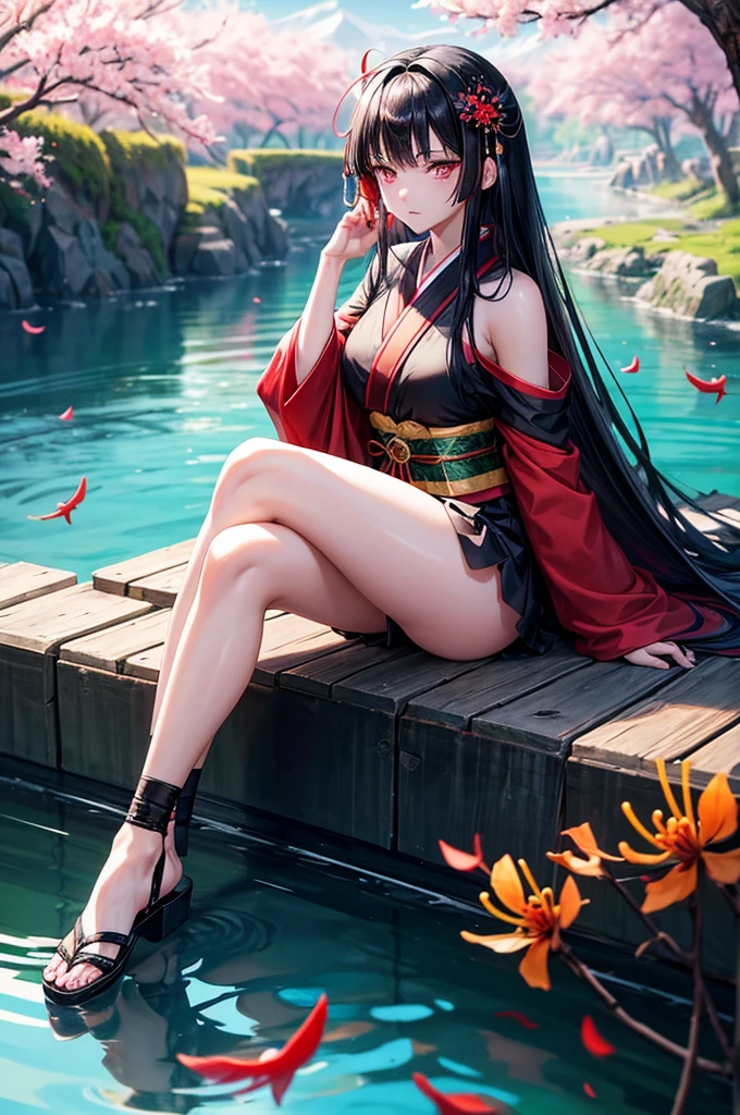 Visualise an anime-styled character: a young woman with crimson eyes and long raven black hair. There is a spider lily flower in her hair. She has a fringe going down the middle of her face with one strand trailing down her left cheek and framing her face. She wears a long-sleeved short white kimono. The kimono's edges are red. She is wearing black ankle-high socks with black sandals. The black sandals have heels, and red straps. She is sitting next to a river, looking towards it with a calm expression. There are koi in the river. There are sakura trees around her. Pink petals fall around her.
