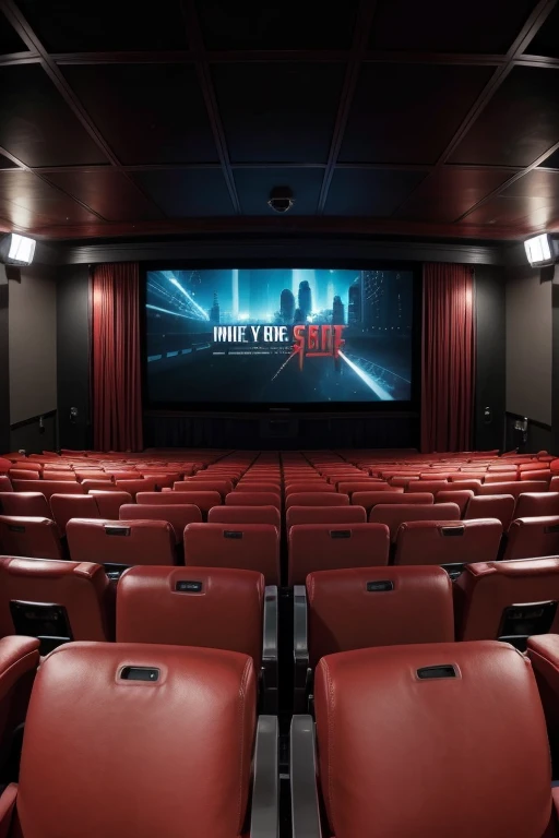 An image of a movie theater with red seats and a large screen.