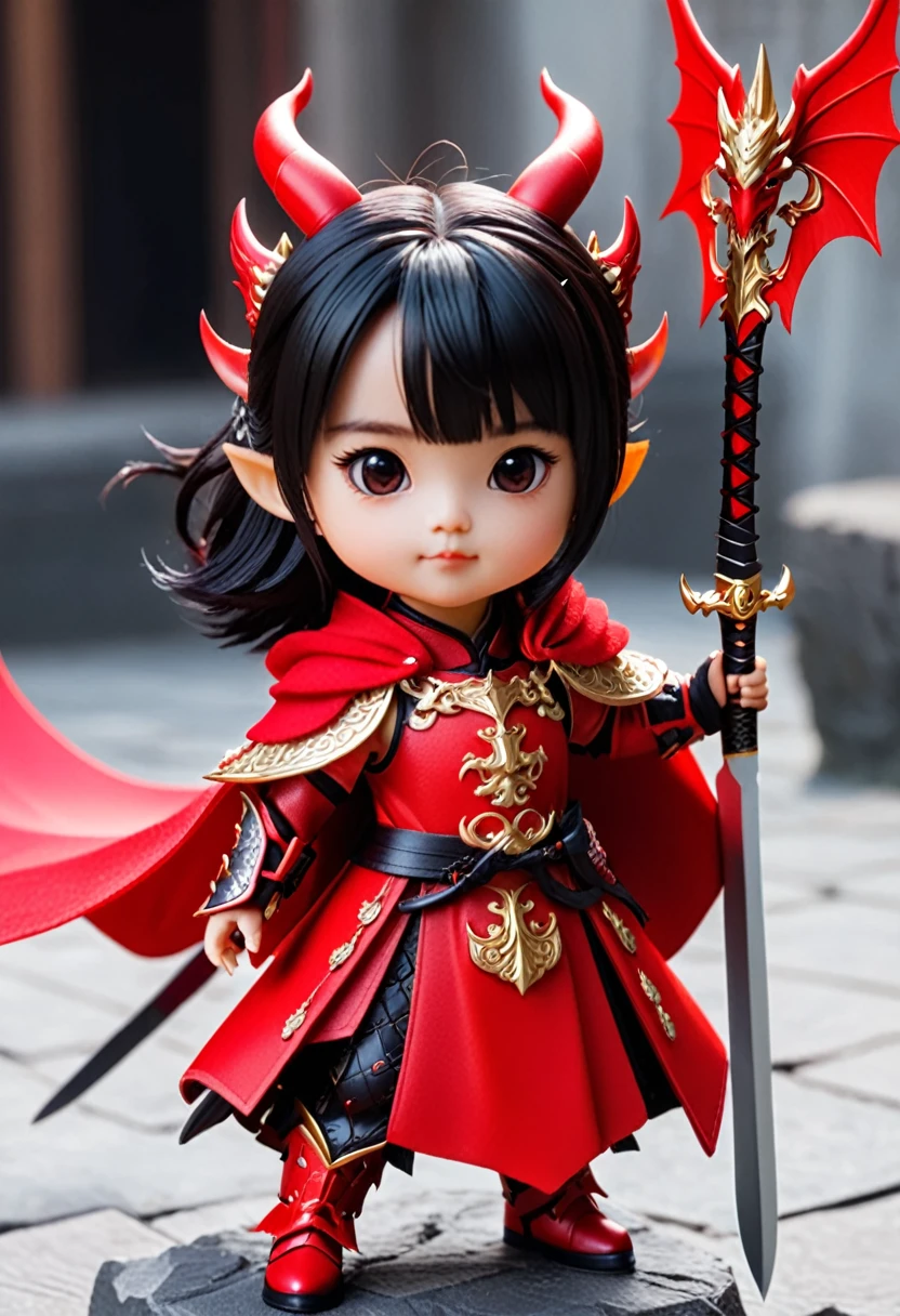(masterpiece, Highest quality)、Cute Girl Dragon King、Pointy Ears、Horns growing from his head、Red Chinese Armor、Red devil wings、Not scary、The sword in her hand has a black blade、Except for his head, he is covered in red armor.、A fluttering red cape、Not scary、Small and cute、