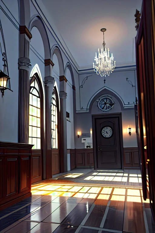 Description of the scene (indoor night) a hall of a modest house, the walls showing the factors of time, walls and floors, old tiles, an interior set, a wall clock, two suitcases, the general atmosphere suggests mystery, winter time, realistic theatrical design, magic, smoke, gray colors and traces of the old 4k