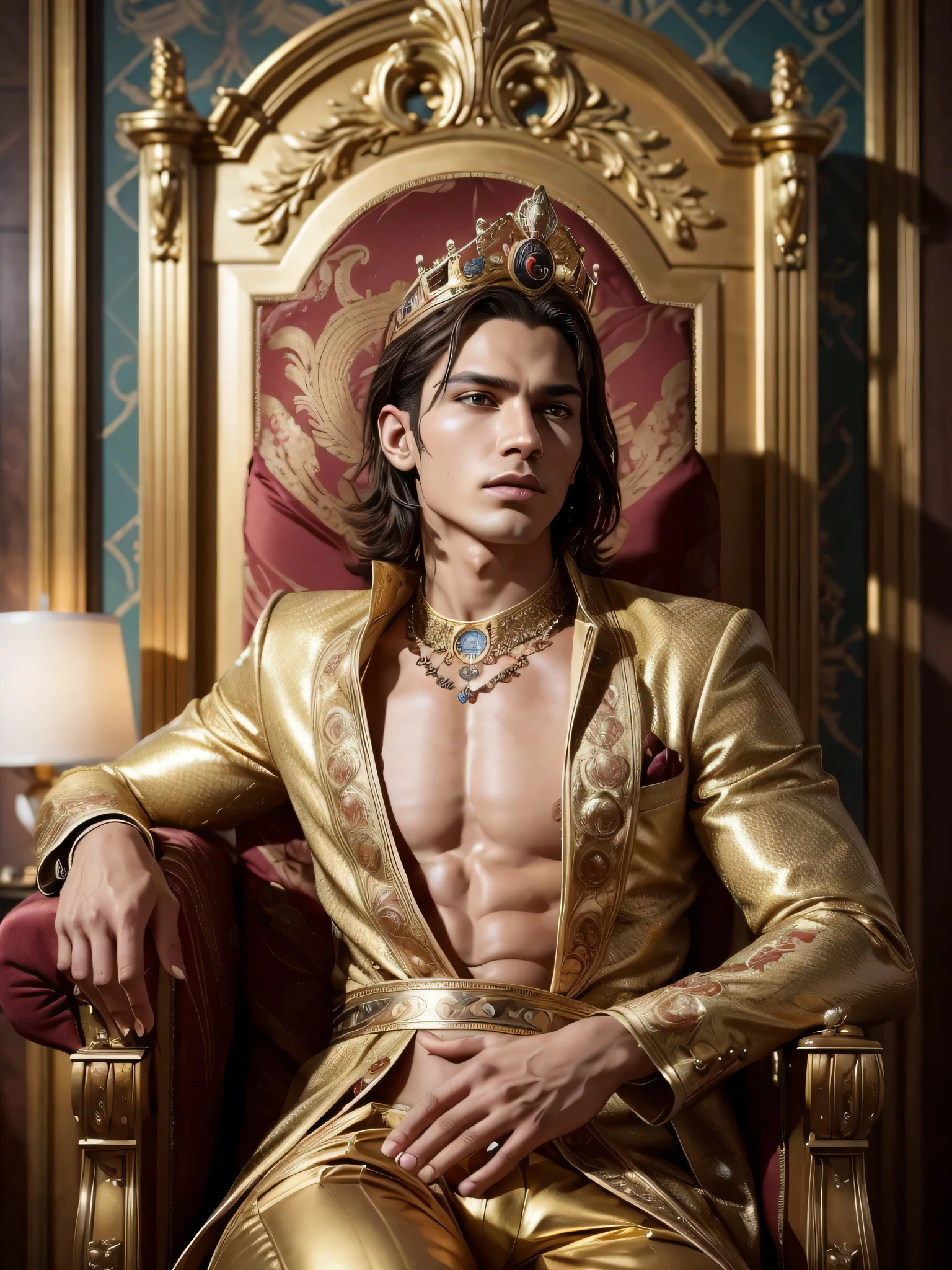 (1boy, photorealistic:1.4, ultra realistic, masterpiece:1.2, best quality, 4k, 8k), Create a photorealistic image that embodies the regal and charismatic nature of the zodiac sign Leo. Feature a striking male model with a commanding presence, standing confidently in an opulent setting filled with golden hues and dramatic lighting. Surround him with symbols of royalty, such as a majestic throne, rich tapestries, and a crown that hints at his fiery spirit. The model’s attire should be luxurious and bold, reflecting Leo’s love for the dramatic and the theatrical. Capture the essence of his fierce and passionate nature through dynamic poses and intense expressions. The backdrop should exude a sense of grandeur and splendor, showcasing Leo’s innate ability to captivate and inspire those around him, (detailed face, delicate skin, ultra realistic skin, shot on Nikon d850 50mm, dlsr, RAW)