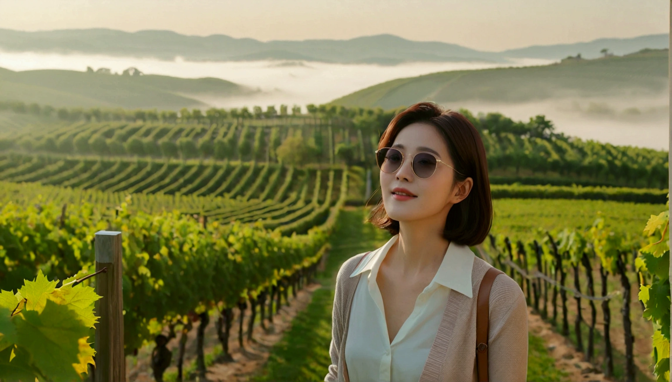 Intentional quality, In 8K, 32K, Photo of a beautiful 36-year-old Korean woman, short medium hair, Inspired by Son Ye-jin, whole body, face focus, Shirt that goes up to the neck and a short cardigan from a luxury brand, beige casual pants, Italian countryside vineyard background, Ranged、make a happy face, 새벽 진한 한개속 The cathedral is visible in the distance, There is thick fog, path, looking up the side, Wear a shirt that covers your chest, The cathedral is visible in the distance, Photo of endless vineyard scenery, look up the side. thick dawn fog, Well-groomed hair, Photo of an elegant and modest woman, Endless vineyards, Vivid picture quality, Clear picture quality, The cathedral is visible in the distance. 언덕 위 path, 1 woman, colonnade가 있는 휘어진 path 언덕에서 바라본다. colonnade, The waist area is visible. 휘어진 path에 서있다, The cathedral is visible in the distance. colonnade가 있는 어덕길에 서있다. Luxury brand large horn rimmed sunglasses, Sunglasses details, The size of both sides of the glass is constant., Looking down on the vineyard from the hill