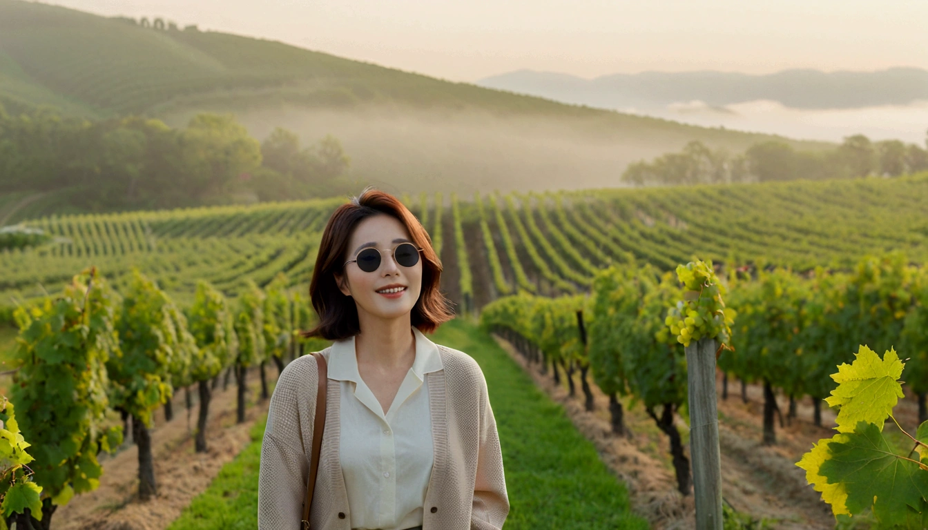 Intentional quality, In 8K, 32K, Photo of a beautiful 36-year-old Korean woman, short medium hair, Inspired by Son Ye-jin, whole body, face focus, Shirt that goes up to the neck and a short cardigan from a luxury brand, beige casual pants, Italian countryside vineyard background, Ranged、make a happy face, 새벽 진한 한개속 The cathedral is visible in the distance, There is thick fog, path, looking up the side, Wear a shirt that covers your chest, The cathedral is visible in the distance, Photo of endless vineyard scenery, look up the side. thick dawn fog, Well-groomed hair, Photo of an elegant and modest woman, Endless vineyards, Vivid picture quality, Clear picture quality, The cathedral is visible in the distance. 언덕 위 path, 1 woman, colonnade가 있는 휘어진 path 언덕에서 바라본다. colonnade, The waist area is visible. 휘어진 path에 서있다, The cathedral is visible in the distance. colonnade가 있는 어덕길에 서있다. Luxury brand large horn rimmed sunglasses, Sunglasses details, The size of both sides of the glass is constant., Looking down on the vineyard from the hill