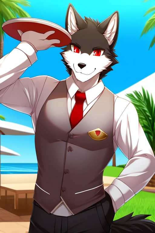 white man wolf, Red eyes, with a waiter's suit, black umbrella