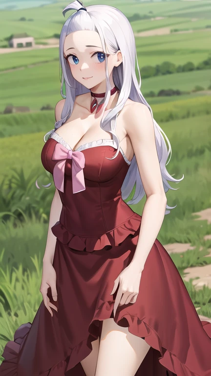 masterpiece, best quality, highres, aamira, long hair, bangs pinned back, topknot, forehead, choker, bare shoulder, cleavage, red dress, frilled dress, bow, sleeveless, cowboy shot, standing, outdoors, field, outdoors, looking at viewer,