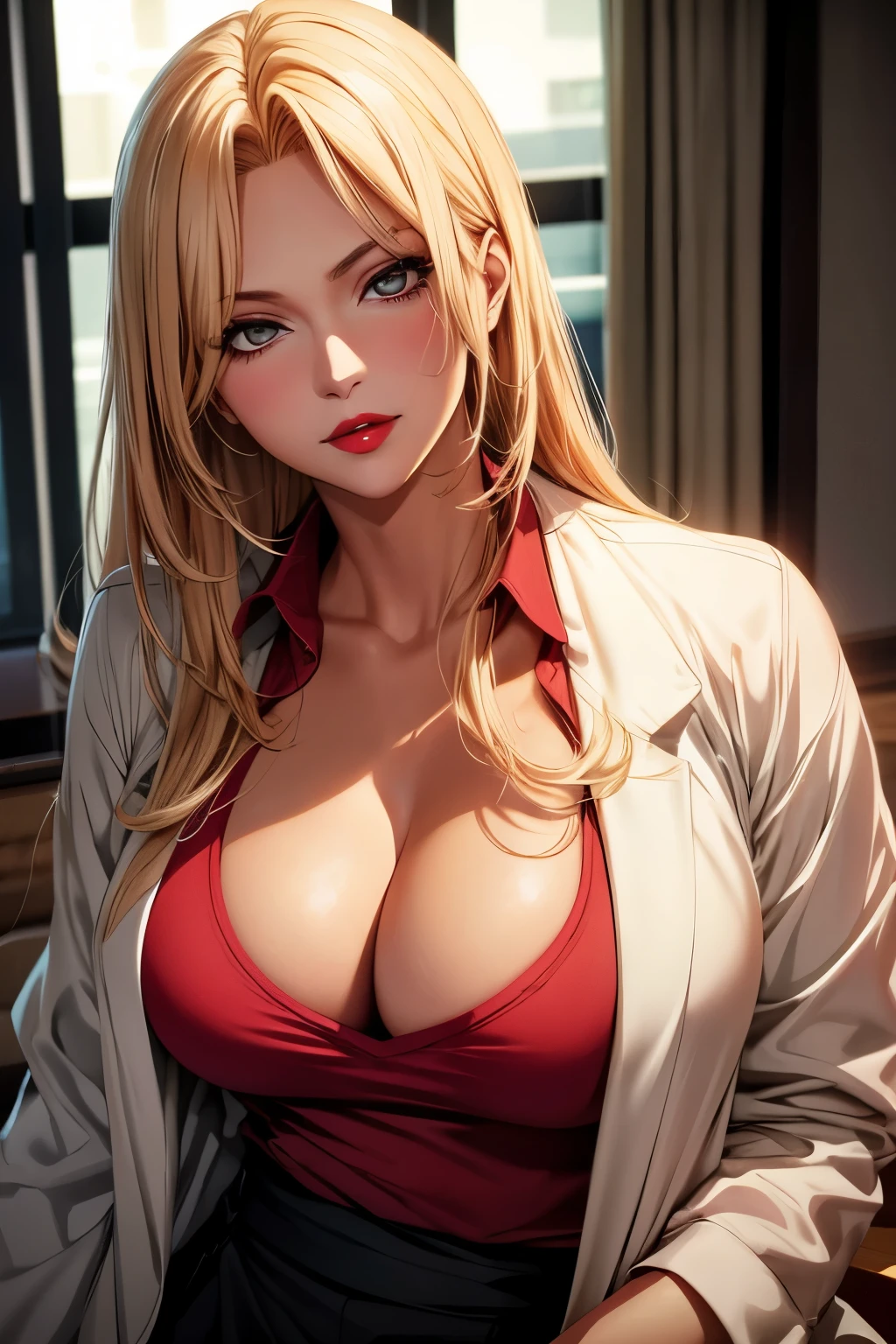 Adult Rangiku (Bleach), CG 8k ultra-realista, beautiful woman, seductive eyes, make-up, red lips, casual clothes 