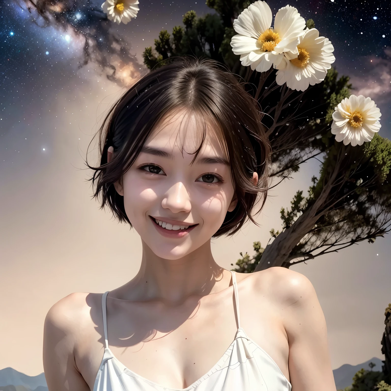 258 19-year-old female, (short hair),(Abstract background,universe), smile, flower