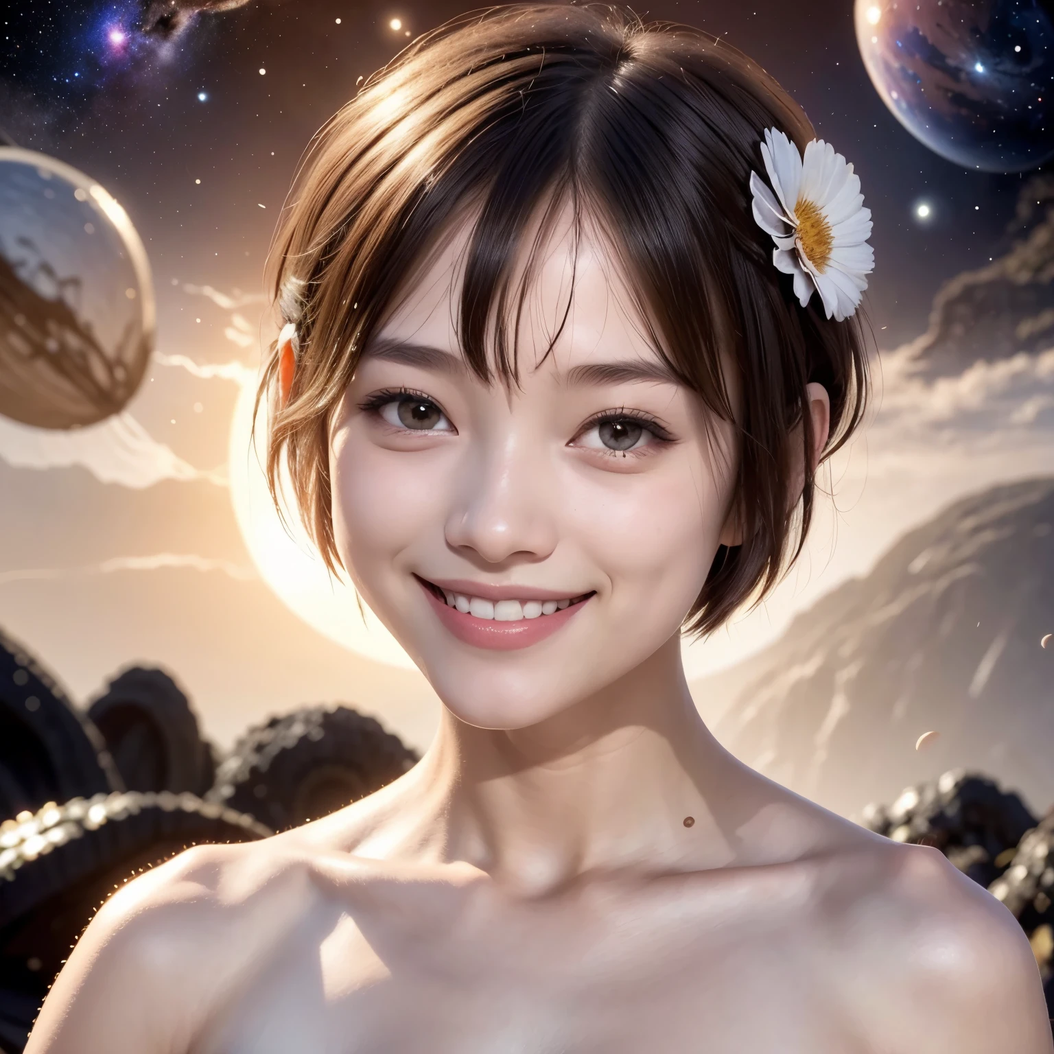 258 19-year-old female, (short hair),(Abstract background,universe), smile, flower