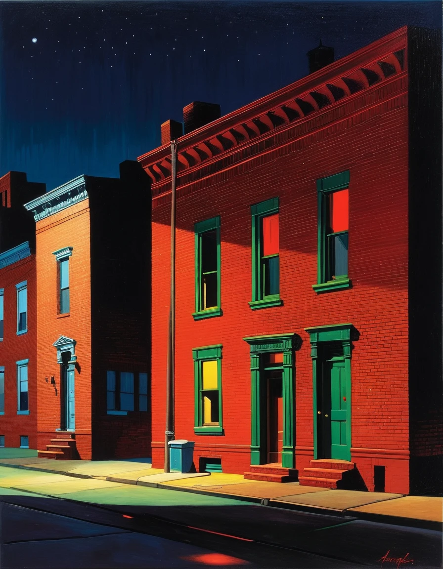Adark chiascuro urban America with red brick ghetto homes at night, 1980s, by Edward Hopper, best quality, masterpiece, very aesthetic, perfect composition, intricate details, ultra-detailed, colorful