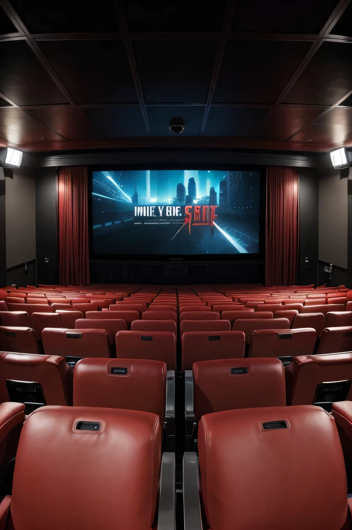 An image of a movie theater with red seats and a large screen.