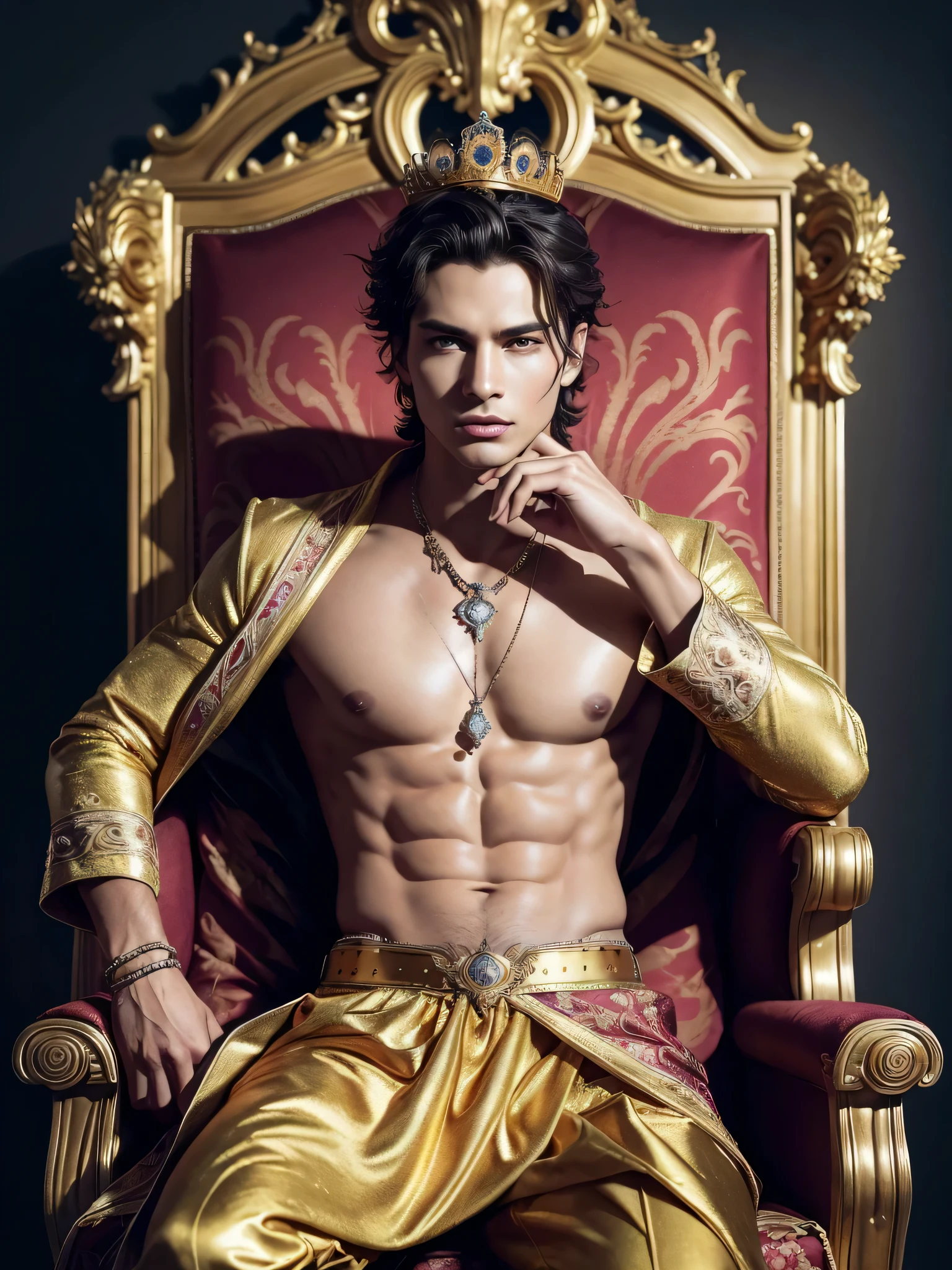 (1boy, photorealistic:1.4, ultra realistic, masterpiece:1.2, best quality, 4k, 8k), Create a photorealistic image that embodies the regal and charismatic nature of the zodiac sign Leo. Feature a striking male model with a commanding presence, standing confidently in an opulent setting filled with golden hues and dramatic lighting. Surround him with symbols of royalty, such as a majestic throne, rich tapestries, and a crown that hints at his fiery spirit. The model’s attire should be luxurious and bold, reflecting Leo’s love for the dramatic and the theatrical. Capture the essence of his fierce and passionate nature through dynamic poses and intense expressions. The backdrop should exude a sense of grandeur and splendor, showcasing Leo’s innate ability to captivate and inspire those around him, (detailed face, delicate skin, ultra realistic skin, shot on Nikon d850 50mm, dlsr, RAW)