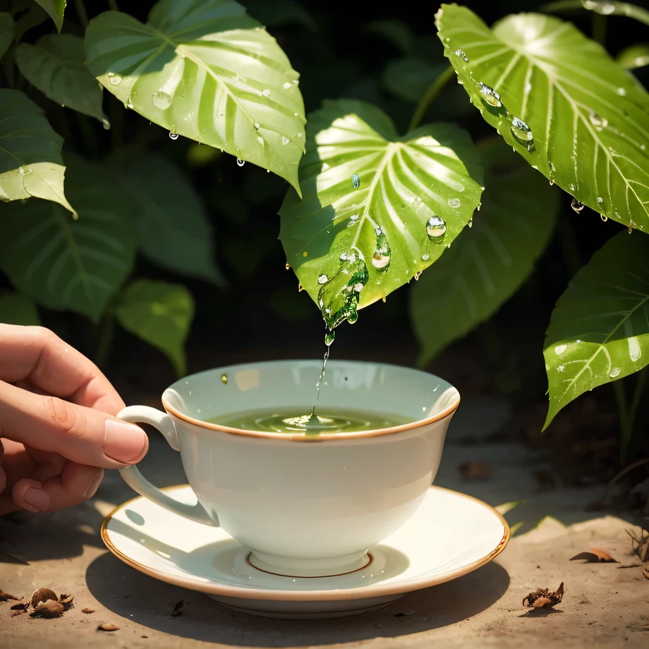 Dew drops on leaves,Handle for holding white porcelain cup(Only one hand),Catching dew drops,Water Drop,vein,Water marks,best quality,4K,8K,high resolution,masterpiece,Extremely detailed,