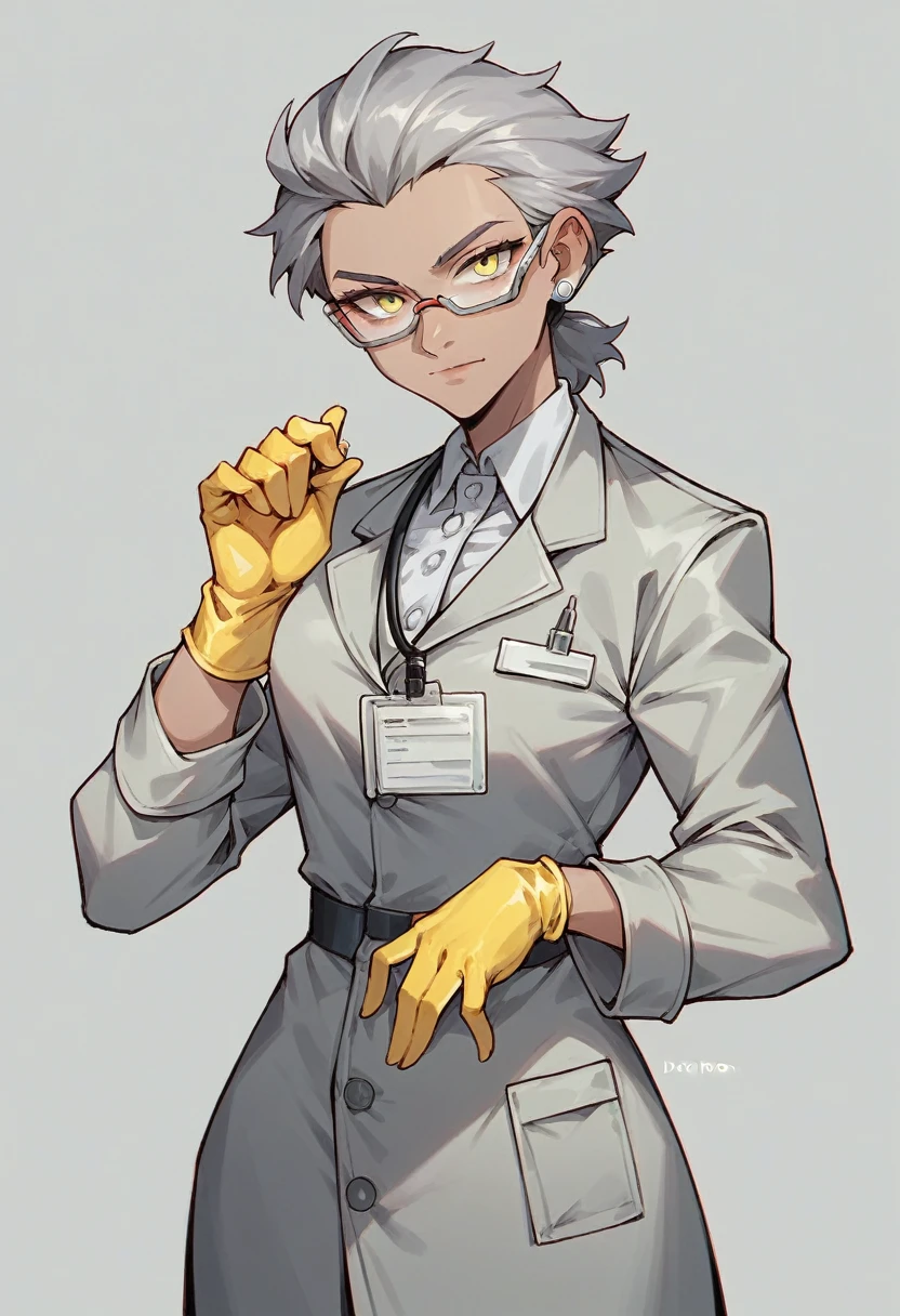 1girl, hair tuft, ((yellow surgical gloves)), ((surgical gloves)), ((latex gloves)), ((((long sleeves)))), ((gray surgeon outfit)), looking at viewer, ((gray doctor outfit)), standing, solo