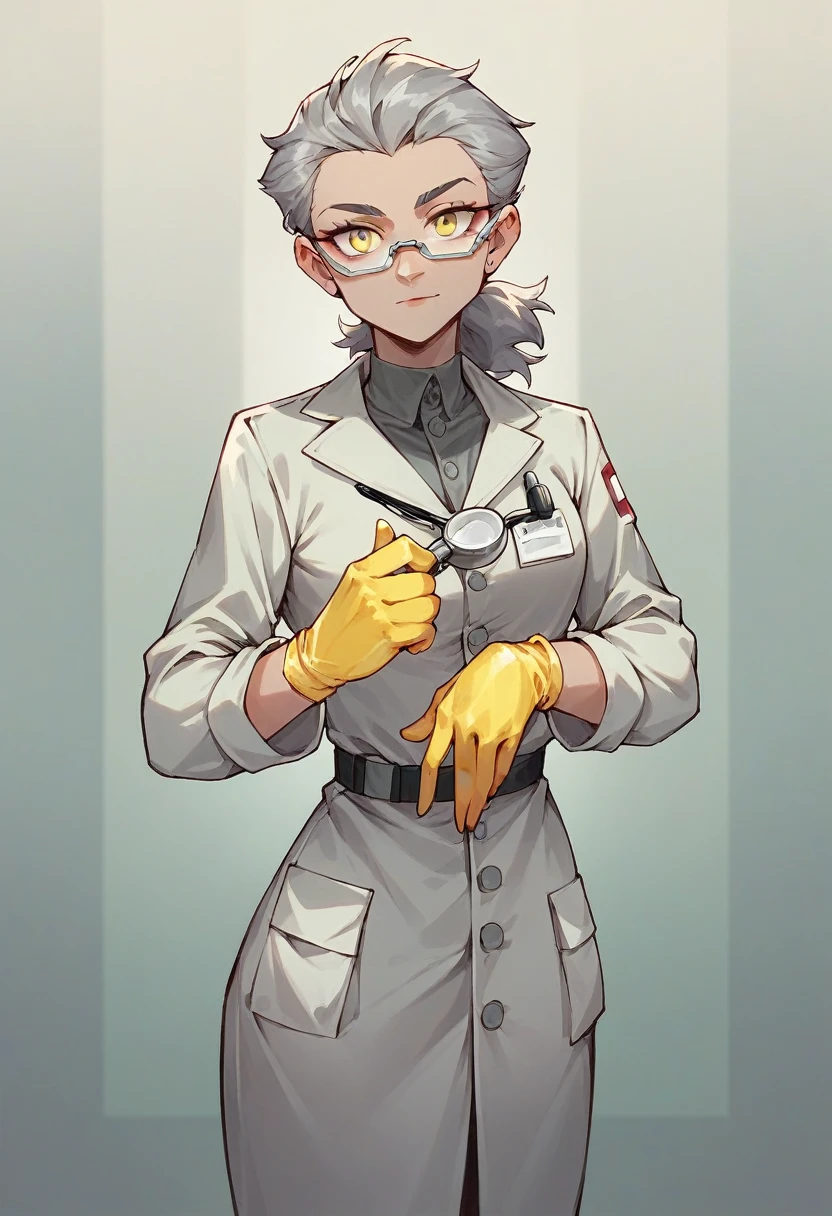 1girl, hair tuft, ((yellow surgical gloves)), ((surgical gloves)), ((latex gloves)), ((((long sleeves)))), ((gray surgeon outfit)), looking at viewer, ((gray doctor outfit)), standing, solo