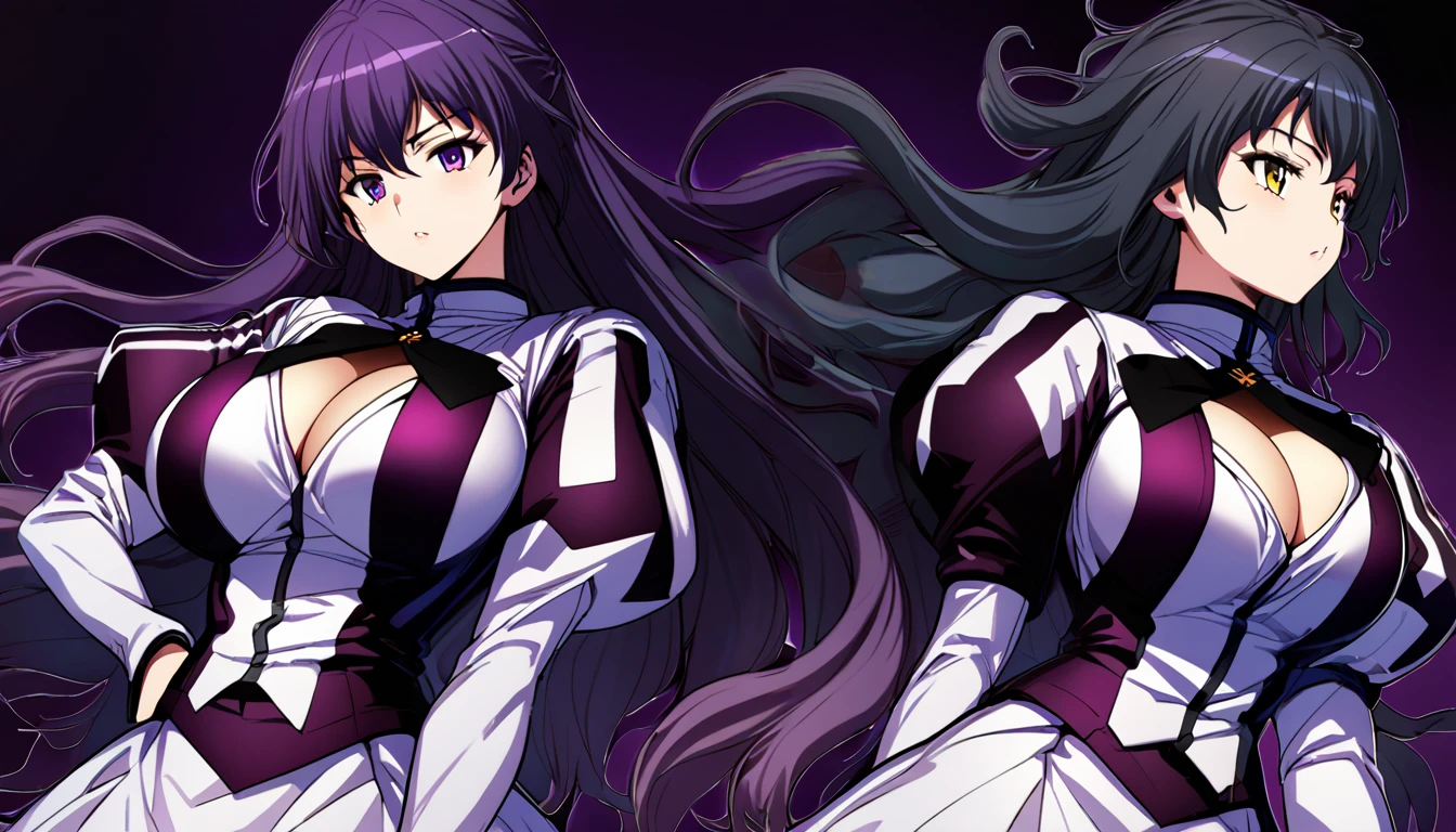High detailed, 3 girls, matching hairstyles, matching uniforms, matching sizes, violet eyes, purple tones colored hair, wavy long hair, busty, chunky body, yellow genetics's uniform, Juliet sleeves, deep cleavage, white skirt, genetics's uniform, juliet sleeves, genetics's uniform, posing together