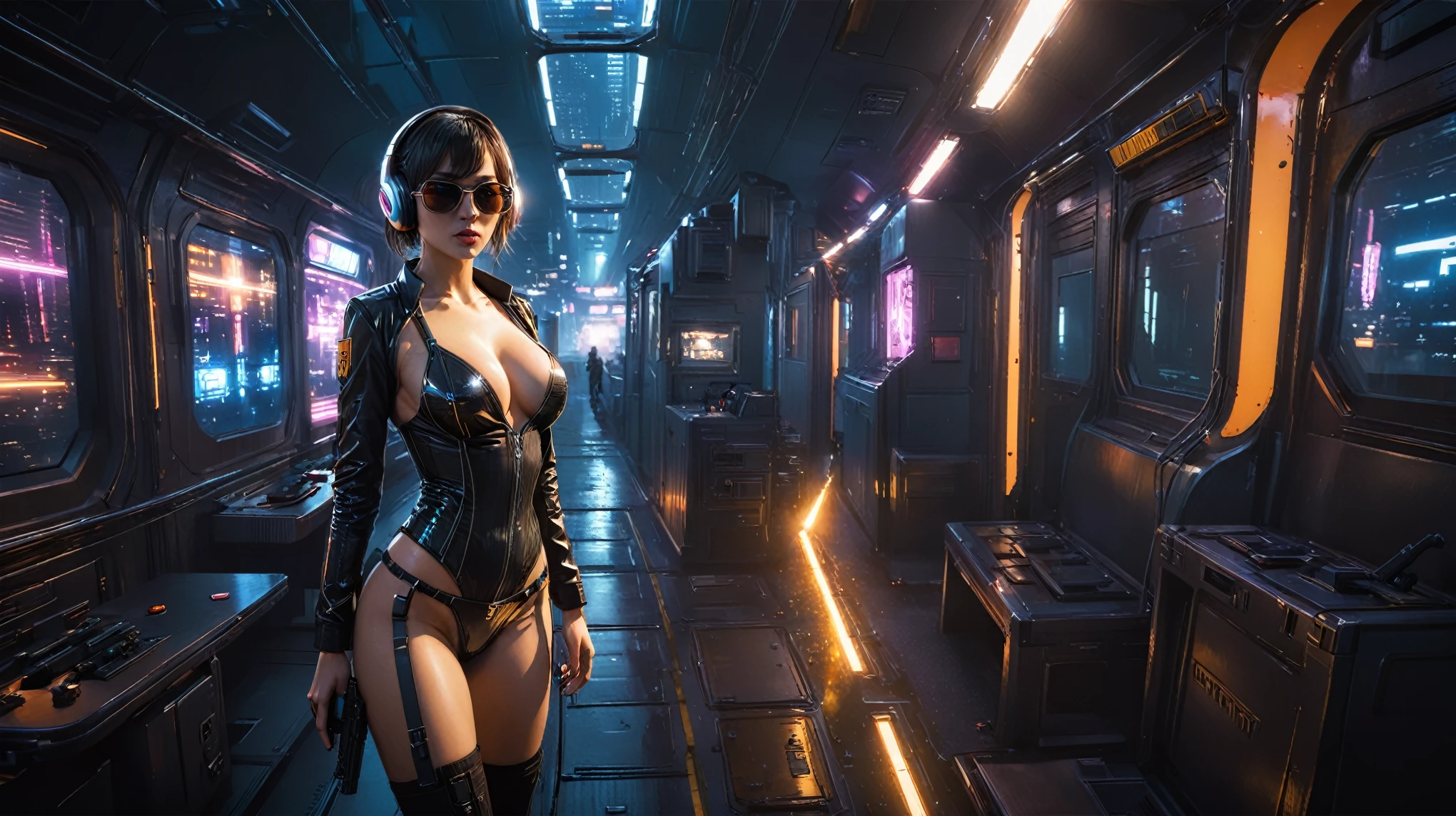 (((aerial view))), Blade Runner style futuristic cyberpunk 2077 cityscape, hi-tech train, neon lights, at night. (1girl, solo, alone), large-breast:1.2 slim body, cleavage:1.1, sexy lingerie with wet jacket, headphone, (black sunglasses), (((she raised a pistol:1.8 and shot:1.8 the viewer))), dynamic pose, (((half-body thigh level medium shot))), cinematic lighting, lens flare, ray tracing, fisheye lens.