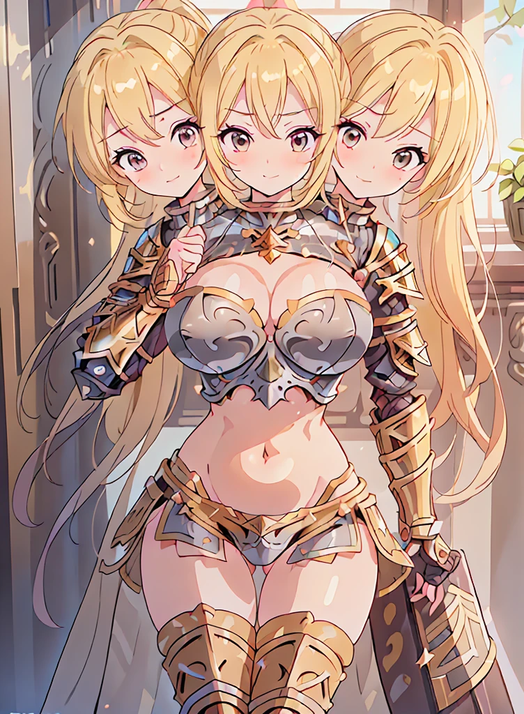 (masterpiece),(ultra-detailed), (high quality), (high resolution), (best quality:1.5, highres, UHD), highres, absurdo, ultra detail, ultra quality, (3heads:1.5), 1girl, ((golden blonde hair)), thighs, (gray armor), female warrior, (open belly), (open breasts), exposed midriff, huge , (medieval outfit), (black eyes), cropped armored chest piece, gorgeous female knight, Guild Clothes with Armor, Fantasyart:1.5, (1 Female Knight:1.5), Detailed and detailed depiction armor, (seductive smirk), detailed eyes, revealing armor,