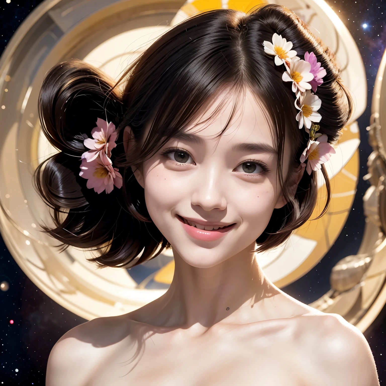 257 20-year-old female, (short hair),(Abstract background,Fractal Art), smile, flower