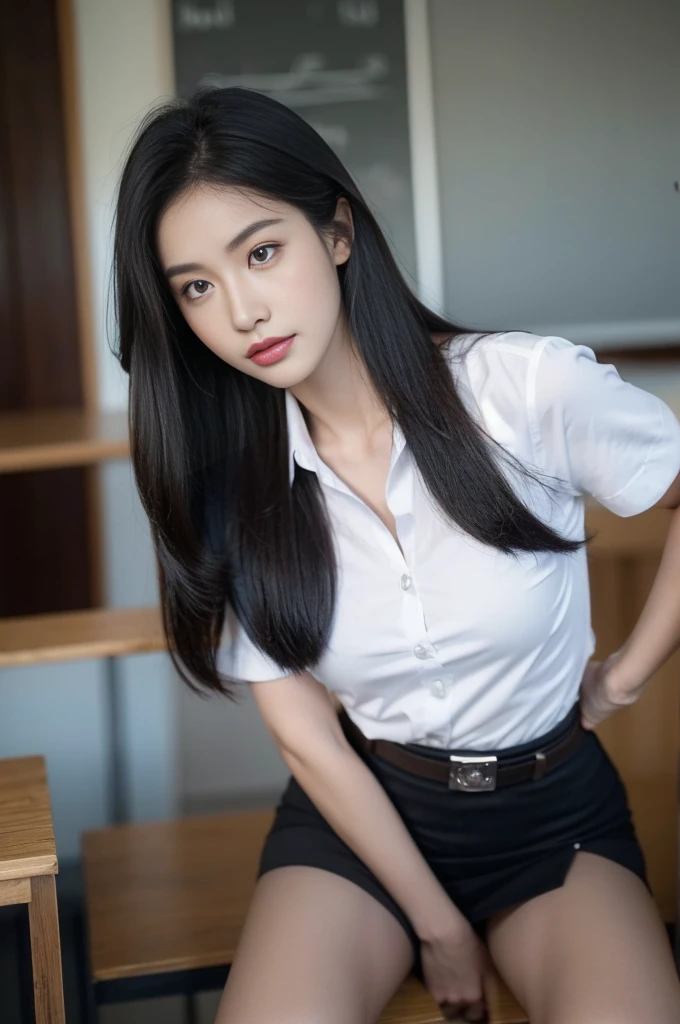 side pose:1.2, thai university uniform:1.4,Close ~ eyes:1.2,Open your mouth:1.2,Tired face:1.2,Face of Suffering:1.2,sky face:1.2,sleeping face:1.2, white short-sleeve button up shirt:1.2, black tight mini skirt:1.2, brown suede belt:1.2, silver metal shirt buttons:1.2, black straight long hair, masterpiece、beautiful girl、fine 目、puffy eyes、highest quality, High resolution, (reality: 1.4), Cinema Lighting,so beautiful、Beautiful Skin、(super reality)、(High resolution)、(8k)、(Very detailed)、(beautiful and fine 目)、(Very detailed)、 Detailed face, 20s, in the dark classroom:1.3, looking up face:1.2, dark tone:1.2, cowboy shot:1.1, hair on the face:1.2, hide hands between legs:1.2, slim and perfect figure, perfect body proportions