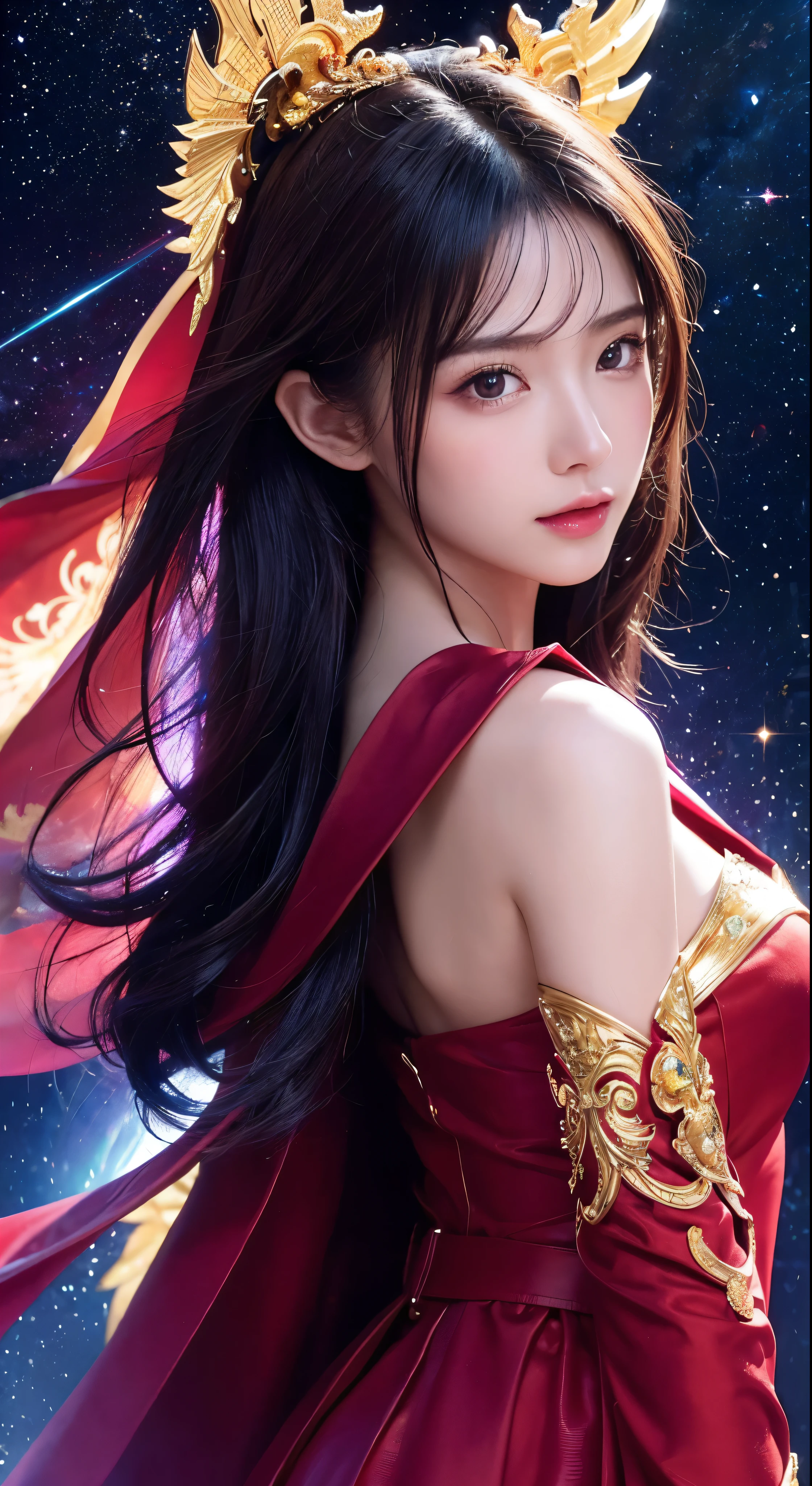 (masterpiece、Highest quality、Highest quality、Official Art、Beautiful and aesthetic:1.2)、(1girl)、Extremely detailed eyes、(fractal art:1.3)、colorful、Supremely detailed、(Perfect Face)、Shiny skin、HDR、(Golden lines on a shiny red cape:1.2)、Milky Way、(Stripes of light)、Impressive visuals、(Dynamic stripes、A bright trajectory:1.2)、Bright colors、(Phoenix)、(dragon)　　Phoenix is by the side of the beautiful woman。