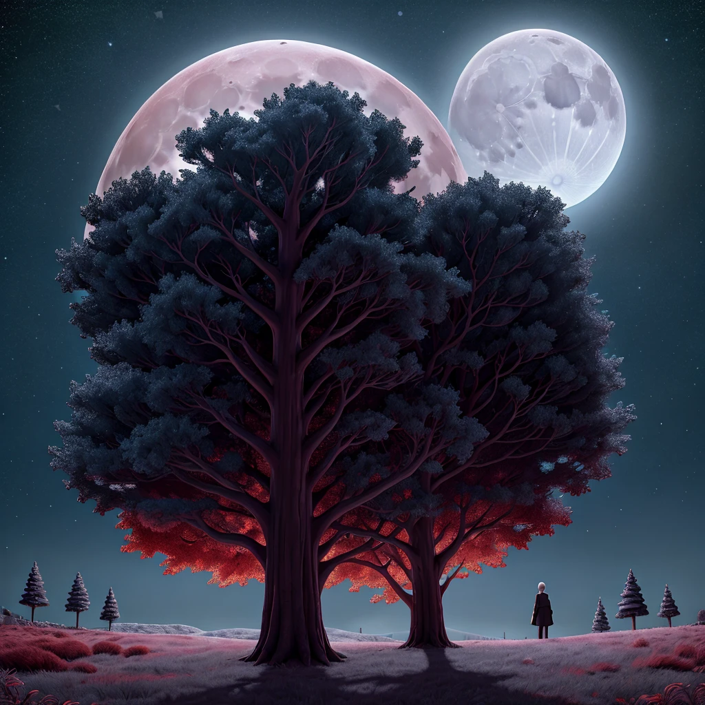 Words Tree Of Shadows colored silver with red in front of a gothic tree with the giant moon behind.