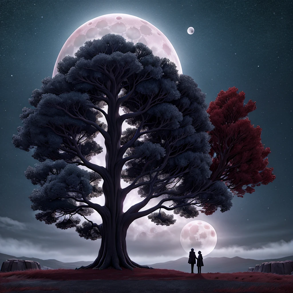 Words Tree Of Shadows colored silver with red in front of a gothic tree with the giant moon behind.