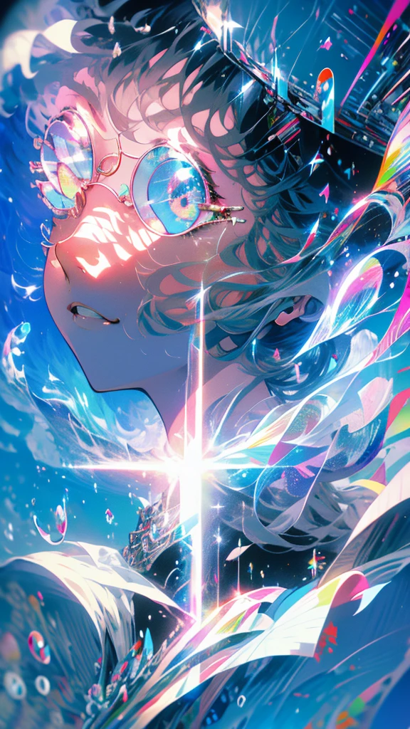 anime girl flying through the air with a blue and white dress with white round glasses, trending on artstation pixiv, splash art anime , zerochan art, pixiv contest winner, digital art on pixiv, guweiz on pixiv artstation, anime art wallpaper 8 k, clean detailed anime art, anime fantasy illustration, beautiful anime artwork, anime face, masterpiece, high quality, detailed face, realistic skin