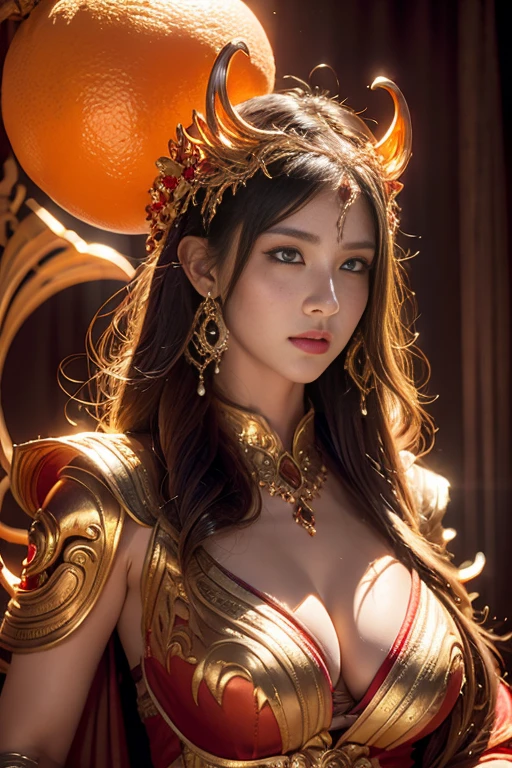 This (realistic fantasy) art contains embers, real flames, real heat, and realistic fire. Generate a masterpiece artwork of a female fire druid with large (((orange and gold))) eyes. The fire druid is awe-inspiring with beautiful ((realistic fiery eyes)) alight with confidence and power. Her features are elegant and well defined, with ((soft and puffy lips)), elven bone structure, and realistic shading. Her eyes are important and should be the focal point of this artwork, with ((extremely realistic details, macro details, and shimmer.)) She is wearing a billowing and glittering dress made of realistic flames and jewels that glimmer in the fire light. Wisps of fire and smoke line the intricate bodice of the dress. Include bumps, stones, fiery iridescence, glowing embers, silk and satin and leather, an interesting background, and heavy fantasy elements. Camera: Utilize dynamic composition techniques to enhance the realistic flames, blonde long hair