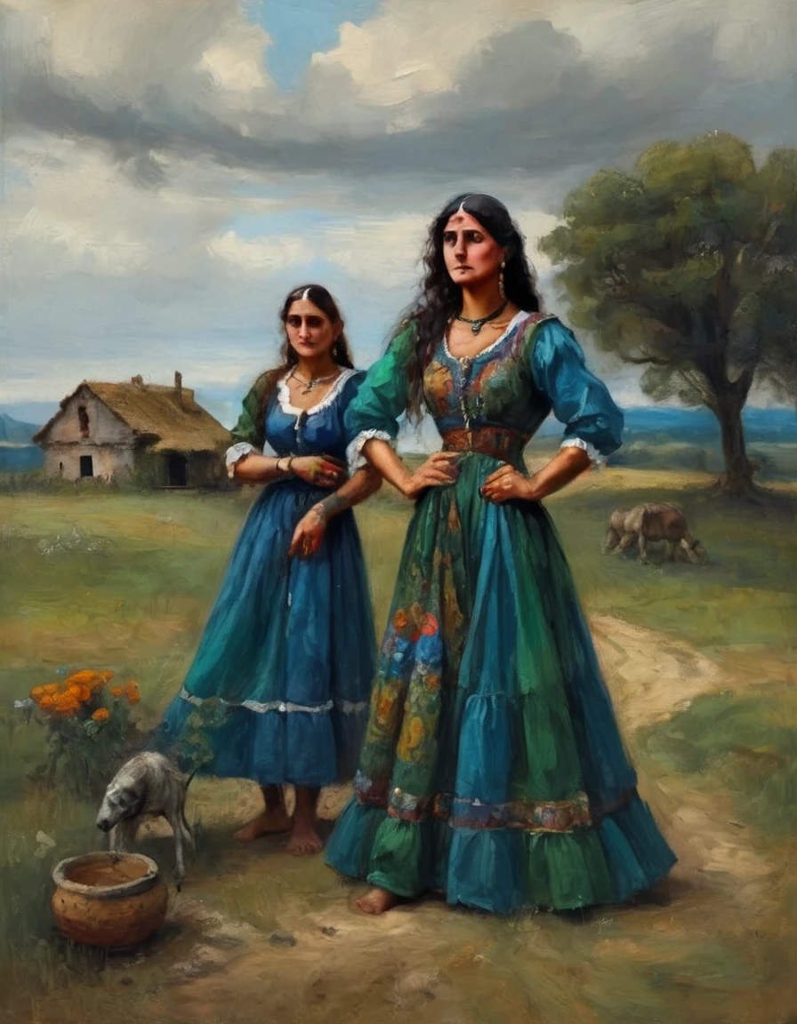 centralized oil painting a landscape panoramic view of with a beautifull landscape and one rustic house, full body a beautiful gypsy woman wearing a blue and green dress (4:8), acentuade collors, walking in front a house, magnifent oil painting, artstation style, ((no estilo de Jean-Baptiste Greuze / Alberto Altdorfer )) fantasy art style by Abigail Larson, Ralph Blakelock, john william waterhouse, chiaro scuro techniques, high detail, 8k, style midjourney