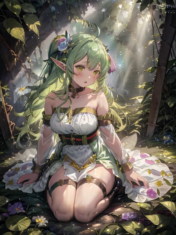 Sleeping on her side, shy elf sleeping next to you, Angle from above, her naked butt visible, thick ass perfectly round[close up of her ass, detailed ass cheeks , very detailed] Green haired, elf, mage, wooden branch, nervous, shy, dork, NSFW art, erotic