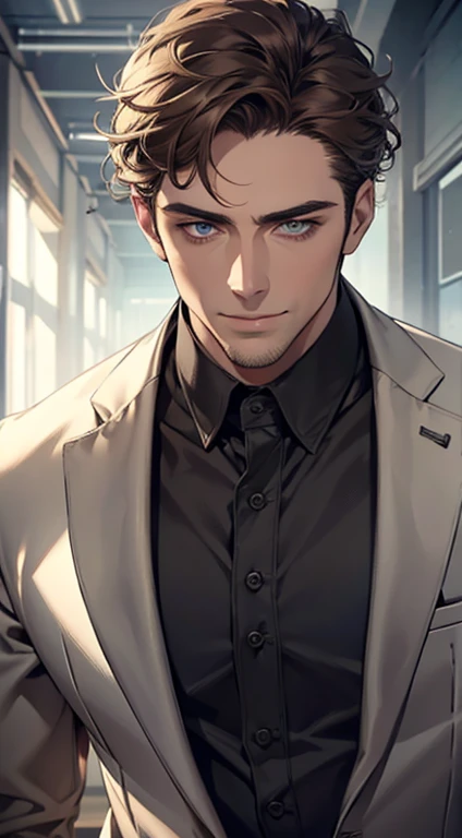 (best quality,4k,8k,highres,masterpiece:1.2),ultra-detailed,(realistic,photorealistic,photo-realistic:1.37),1 man,31 years old,mature man,very handsome,without expression,smile,short grey brown hair,blue eyes,penetrating gaze,perfect face without errors,imposing posture,businessman,office background,cinematic lighting,hdr image