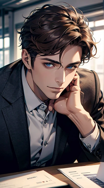 (best quality,4k,8k,highres,masterpiece:1.2),ultra-detailed,(realistic,photorealistic,photo-realistic:1.37),1 man,31 years old,mature man,very handsome,without expression,smile,short grey brown hair,blue eyes,penetrating gaze,perfect face without errors,imposing posture,businessman,office background,cinematic lighting,hdr image