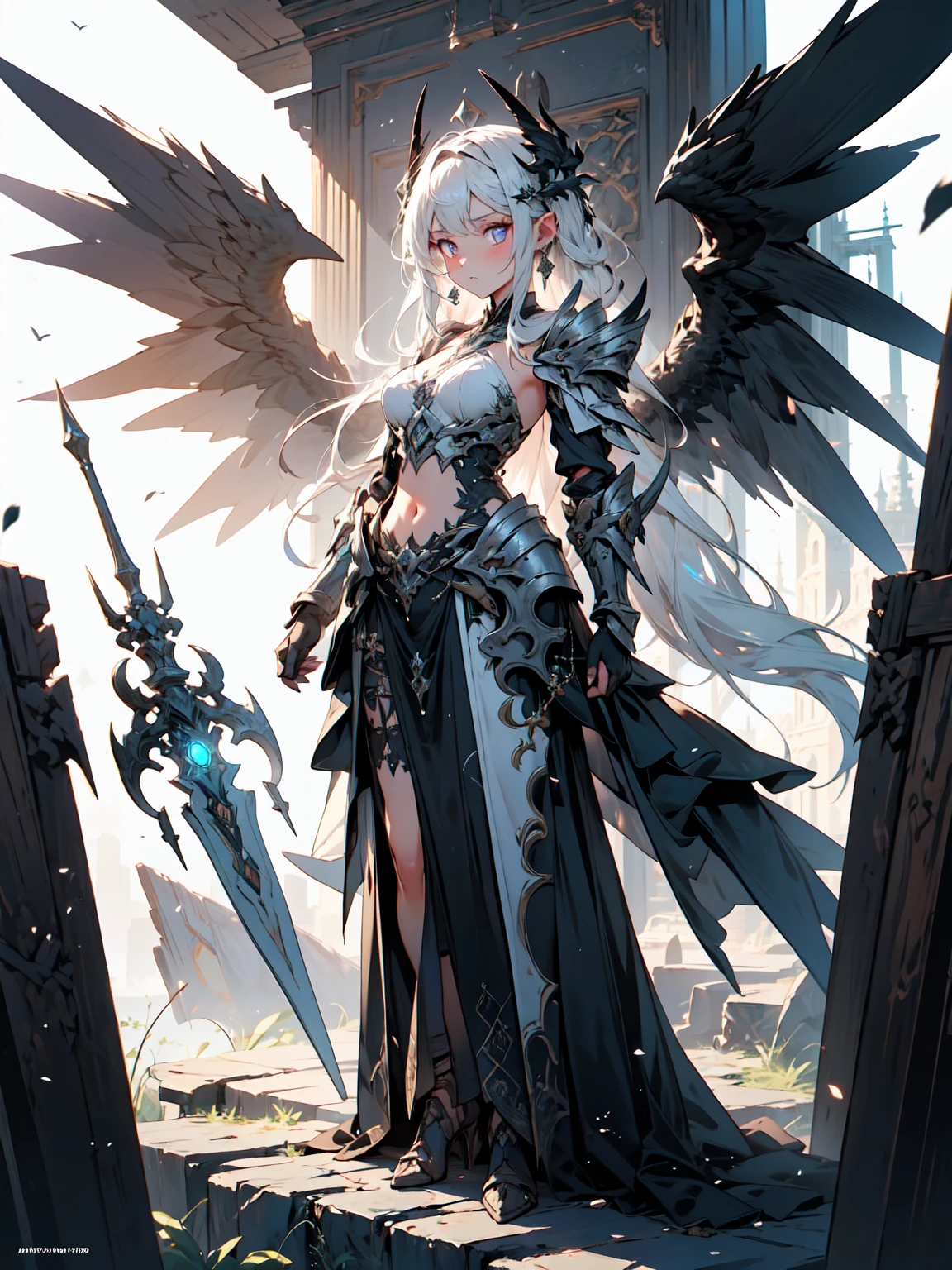 ((full body shot)) of a girl in detailed black gothic battle armor, standing in a completely dark environment. She has long white hair and glowing red eyes, with black angel wings, tattoos, and piercings. Her battle armor is intricately designed, revealing her bellybutton. She is holding a glowing orb of energy in her hands, which emits a soft, ethereal light. Surrounding her are numerous small lights in shades of {blue|purple}, casting a faint glow similar to candlelight. The only illumination comes from the orb and the particles around her. The atmosphere is {mysterious|otherworldly}, with a misty haze drifting around her feet. The ground beneath her is reflective, creating a mirrored effect that adds to the surreal ambiance. Subtle textures of ancient, worn stones and creeping vines can be seen in the background, hinting at a hidden, gothic castle. The scene is quiet and enigmatic, with her face partially obscured by the hood, her eyes focused intently on the luminous orb. She holds an intricately designed staff made of wood with metallic parts and embedded jewels.

[Best quality], [Masterpiece], [Ultra-detailed], [4k], {serene|intense} atmosphere, gothic castle, {dynamic pose|relaxed pose}, complete darkness, {soft shadows|dramatic lighting}, {reflected light on the ground:0.7}, {misty haze:0.6}, {glowing plants:0.5}, {creeping vines:0.4}, {ancient stones:0.3}.