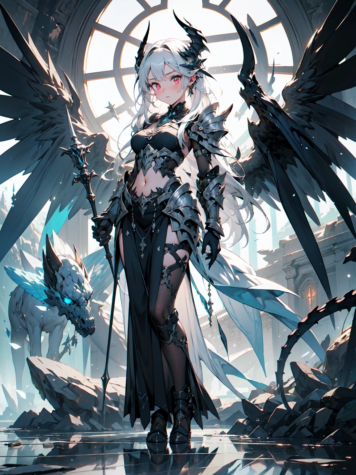 ((full body shot)) of a girl in detailed black gothic battle armor, standing in a completely dark environment. She has long white hair and glowing red eyes, with black angel wings, tattoos, and piercings. Her battle armor is intricately designed, revealing her bellybutton. She is holding a glowing orb of energy in her hands, which emits a soft, ethereal light. Surrounding her are numerous small lights in shades of {blue|purple}, casting a faint glow similar to candlelight. The only illumination comes from the orb and the particles around her. The atmosphere is {mysterious|otherworldly}, with a misty haze drifting around her feet. The ground beneath her is reflective, creating a mirrored effect that adds to the surreal ambiance. Subtle textures of ancient, worn stones and creeping vines can be seen in the background, hinting at a hidden, gothic castle. The scene is quiet and enigmatic, with her face partially obscured by the hood, her eyes focused intently on the luminous orb. She holds an intricately designed staff made of wood with metallic parts and embedded jewels.

[Best quality], [Masterpiece], [Ultra-detailed], [4k], {serene|intense} atmosphere, gothic castle, {dynamic pose|relaxed pose}, complete darkness, {soft shadows|dramatic lighting}, {reflected light on the ground:0.7}, {misty haze:0.6}, {glowing plants:0.5}, {creeping vines:0.4}, {ancient stones:0.3}.