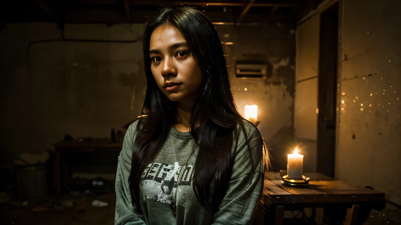 A young woman indonesian in her mid-20s, with long dark hair and expressive eyes. She wears casual, slightly worn clothes, suitable for exploring an old, abandoned house. Her face shows a mix of fear and determination, and she holds a flickering candle that casts shadows on her face.
