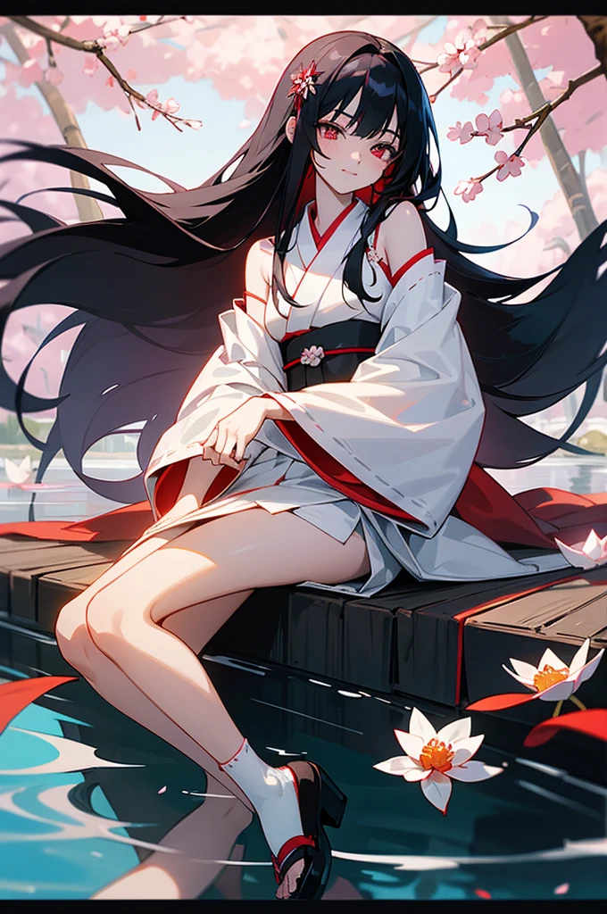 Visualise an anime-styled character: a young woman with crimson eyes and long raven black hair. There is a spider lily flower in her hair. She has a fringe going down the middle of her face with one strand trailing down her left cheek and framing her face. She wears a white long-sleeved short kimono. The kimono has red along its edges but is primarily white. The kimono is not sleeveless. She is wearing black ankle-high socks with black sandals. The black sandals have heels, and red straps. She is sitting next to a river, looking towards it with a smile. There are koi in the river. There are sakura trees around her. Pink petals fall around her.