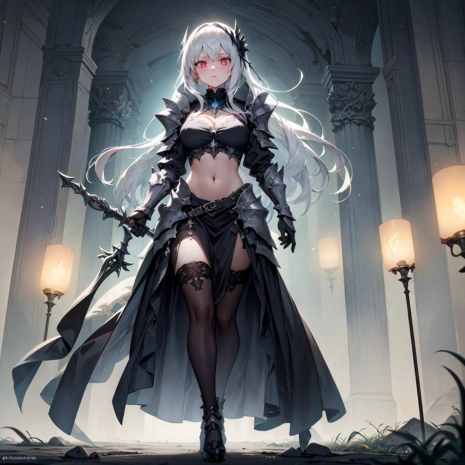 ((full body shot)) of a girl in detailed black gothic battle armor, standing in a completely dark environment. She has long white hair and glowing red eyes, with black angel wings, tattoos, and piercings. Her battle armor is intricately designed, revealing her bellybutton. She is holding a glowing orb of energy in her hands, which emits a soft, ethereal light. Surrounding her are numerous small lights in shades of {blue|purple}, casting a faint glow similar to candlelight. The only illumination comes from the orb and the particles around her. The atmosphere is {mysterious|otherworldly}, with a misty haze drifting around her feet. The ground beneath her is reflective, creating a mirrored effect that adds to the surreal ambiance. Subtle textures of ancient, worn stones and creeping vines can be seen in the background, hinting at a hidden, gothic castle. The scene is quiet and enigmatic, with her face partially obscured by the hood, her eyes focused intently on the luminous orb. She holds an intricately designed staff made of wood with metallic parts and embedded jewels.

[Best quality], [Masterpiece], [Ultra-detailed], [4k], {serene|intense} atmosphere, gothic castle, {dynamic pose|relaxed pose}, complete darkness, {soft shadows|dramatic lighting}, {reflected light on the ground:0.7}, {misty haze:0.6}, {glowing plants:0.5}, {creeping vines:0.4}, {ancient stones:0.3}.