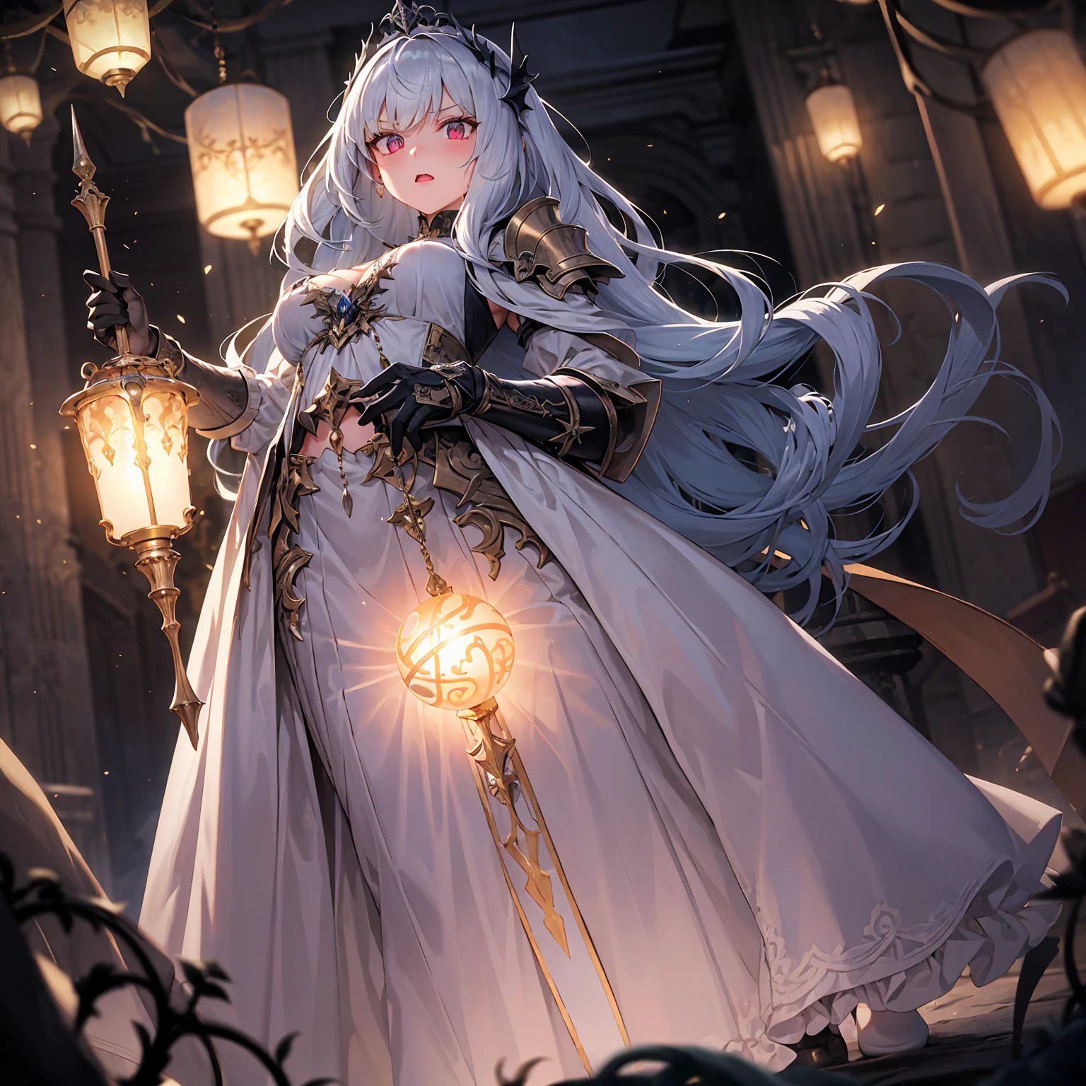 Young girl with long white hair, sheep girl, fluffy dress, long fluffy hair, h full length, big light eyes, night in the background, darkness, light girl in the dark, excellent quality, many details, Sheep horns, sheep's tail, full-length, dynamic pose