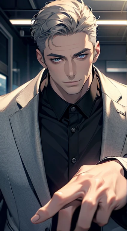 (best quality,4k,8k,highres,masterpiece:1.2),ultra-detailed,(realistic,photorealistic,photo-realistic:1.37),1 man,31 years old,mature man,very handsome,without expression,smile,short grey hair,blue eyes,penetrating gaze,perfect face without errors,imposing posture,businessman,office background,cinematic lighting,hdr image