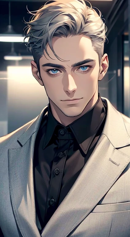 (best quality,4k,8k,highres,masterpiece:1.2),ultra-detailed,(realistic,photorealistic,photo-realistic:1.37),1 man,31 years old, man,very handsome,without expression,smile,short grey hair,blue eyes,penetrating gaze,perfect face without errors,imposing posture,businessman,office background,cinematic lighting,hdr image