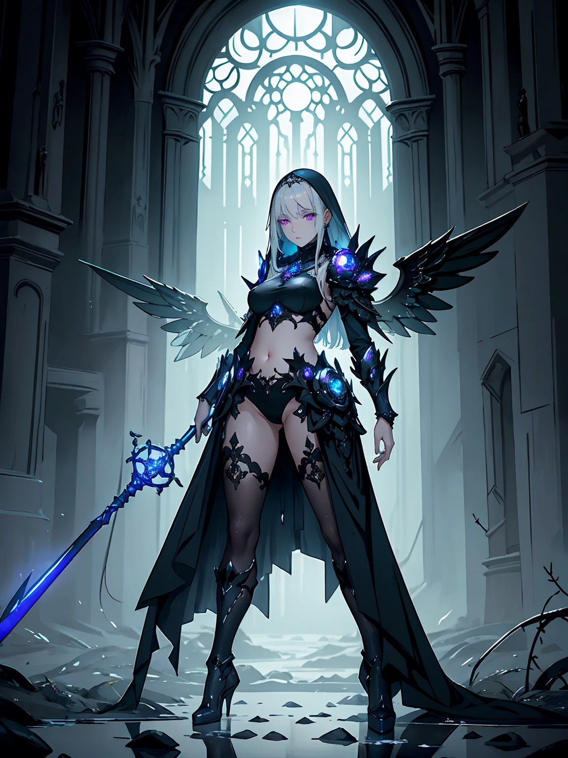 ((full body shot)) of a girl in detailed black gothic battle armor, standing in a completely dark environment. She has long white hair and glowing red eyes, with black angel wings, tattoos, and piercings. Her battle armor is intricately designed, revealing her bellybutton. She is holding a glowing orb of energy in her hands, which emits a soft, ethereal light. Surrounding her are numerous small lights in shades of {blue|purple}, casting a faint glow similar to candlelight. The only illumination comes from the orb and the particles around her. The atmosphere is {mysterious|otherworldly}, with a misty haze drifting around her feet. The ground beneath her is reflective, creating a mirrored effect that adds to the surreal ambiance. Subtle textures of ancient, worn stones and creeping vines can be seen in the background, hinting at a hidden, gothic castle. The scene is quiet and enigmatic, with her face partially obscured by the hood, her eyes focused intently on the luminous orb. She holds an intricately designed staff made of wood with metallic parts and embedded jewels.

[Best quality], [Masterpiece], [Ultra-detailed], [4k], {serene|intense} atmosphere, gothic castle, {dynamic pose|relaxed pose}, complete darkness, {soft shadows|dramatic lighting}, {reflected light on the ground:0.7}, {misty haze:0.6}, {glowing plants:0.5}, {creeping vines:0.4}, {ancient stones:0.3}.