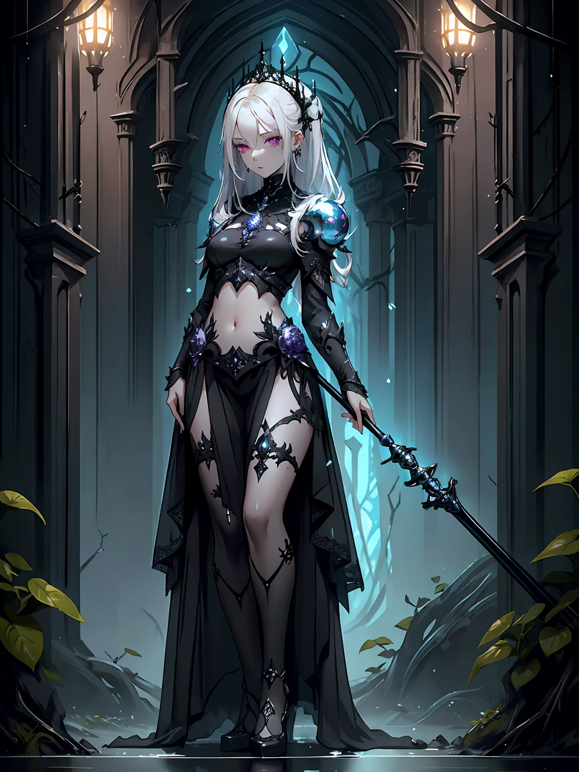 ((full body shot)) of a girl in detailed black gothic battle armor, standing in a completely dark environment. She has long white hair and glowing red eyes, with black angel wings, tattoos, and piercings. Her battle armor is intricately designed, revealing her bellybutton. She is holding a glowing orb of energy in her hands, which emits a soft, ethereal light. Surrounding her are numerous small lights in shades of {blue|purple}, casting a faint glow similar to candlelight. The only illumination comes from the orb and the particles around her. The atmosphere is {mysterious|otherworldly}, with a misty haze drifting around her feet. The ground beneath her is reflective, creating a mirrored effect that adds to the surreal ambiance. Subtle textures of ancient, worn stones and creeping vines can be seen in the background, hinting at a hidden, gothic castle. The scene is quiet and enigmatic, with her face partially obscured by the hood, her eyes focused intently on the luminous orb. She holds an intricately designed staff made of wood with metallic parts and embedded jewels.

[Best quality], [Masterpiece], [Ultra-detailed], [4k], {serene|intense} atmosphere, gothic castle, {dynamic pose|relaxed pose}, complete darkness, {soft shadows|dramatic lighting}, {reflected light on the ground:0.7}, {misty haze:0.6}, {glowing plants:0.5}, {creeping vines:0.4}, {ancient stones:0.3}.