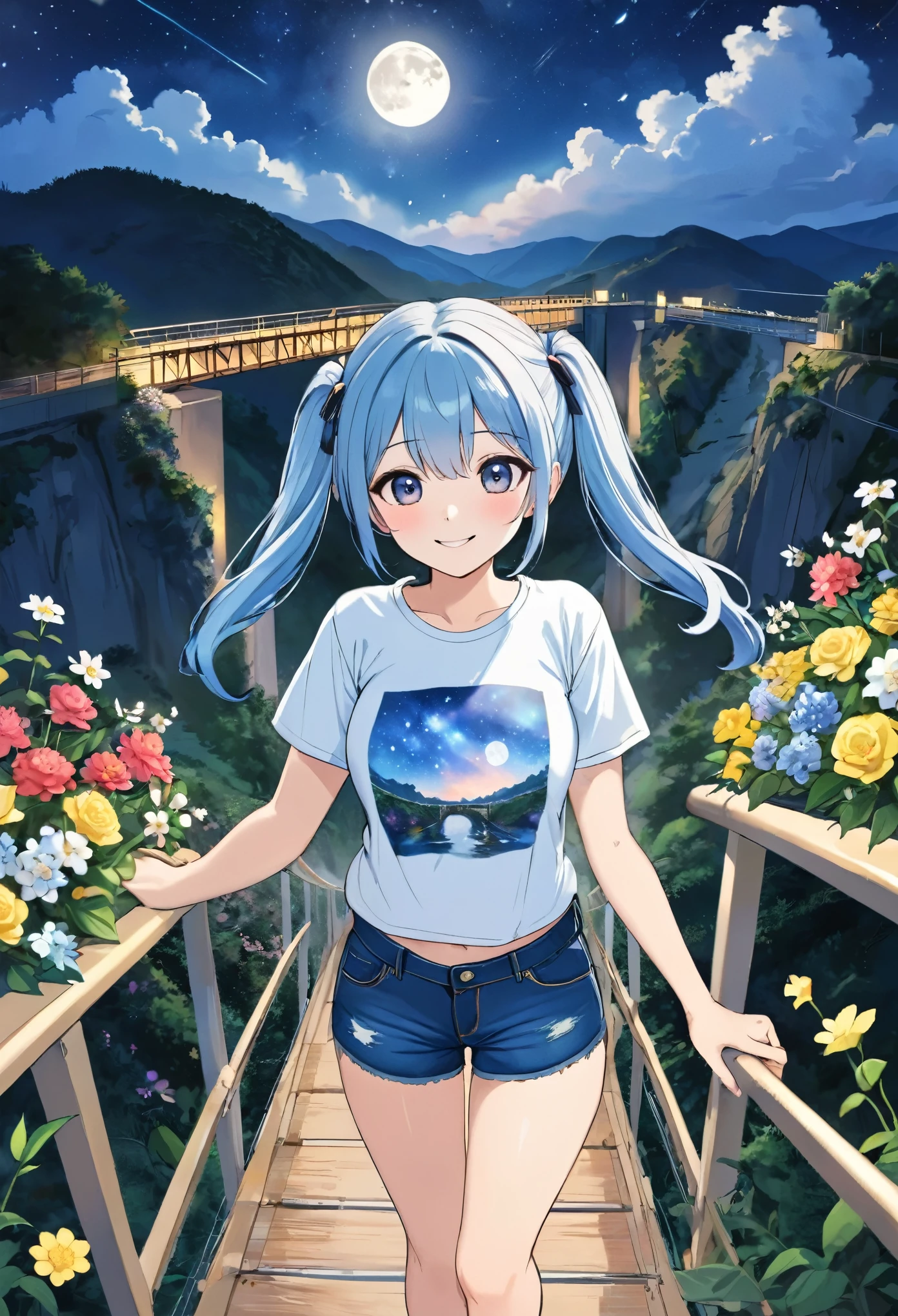 Light blue long hair、Beautiful girl with twin tails、Bigger in the center、Bright smile、T-shirt and denim shorts、Crossing a large suspension bridge over a valley、From the top of the suspension bridge、Looking fearfully into the valley from the bridge、Flowers around the valley々Surrounded by、Night Sky、shooting star、moon、Face Highlights