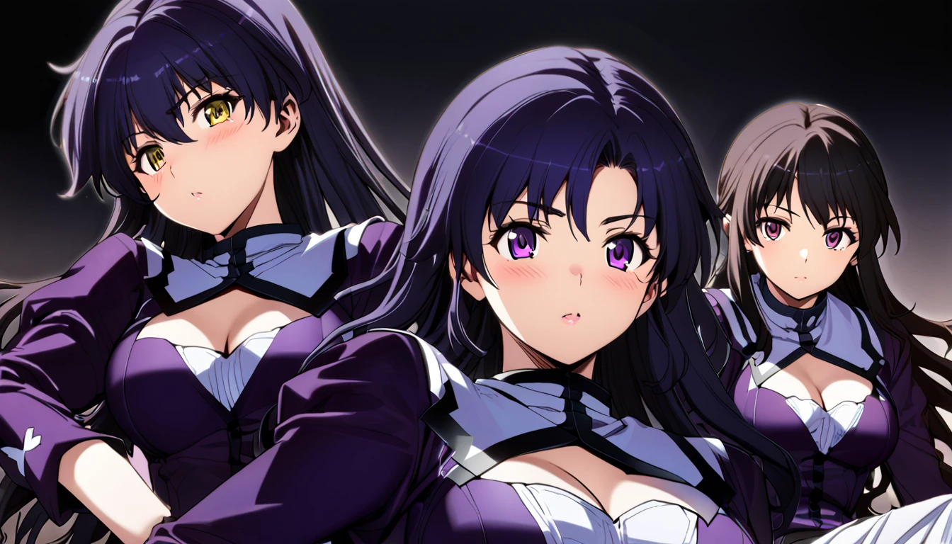 High detailed, 3 girls, matching hairstyles, matching uniforms, matching sizes,  violet eyes, purple tones colored hair, wavy long hair, busty, chunky body, yellow genetics's uniform, Juliet sleeves,  deep cleavage, white skirt, genetics's uniform, juliet sleeves, genetics's uniform, posing together