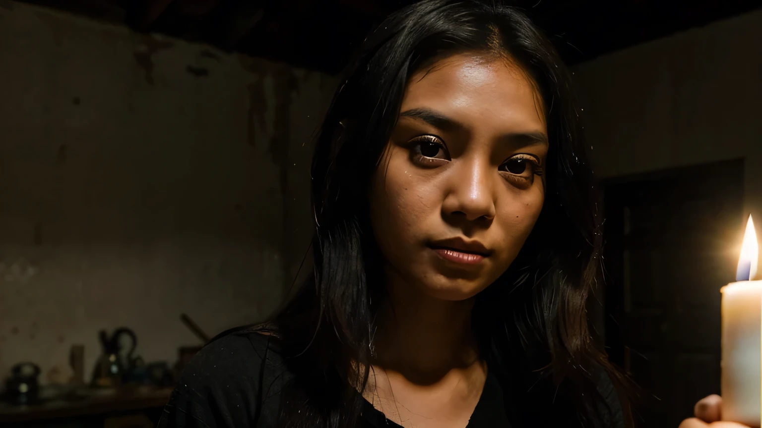 A young woman indonesian in her mid-20s, with long dark hair and expressive eyes. She wears casual, slightly worn clothes, suitable for exploring an old, abandoned house. Her face shows a mix of fear and determination, and she holds a flickering candle that casts shadows on her face.
