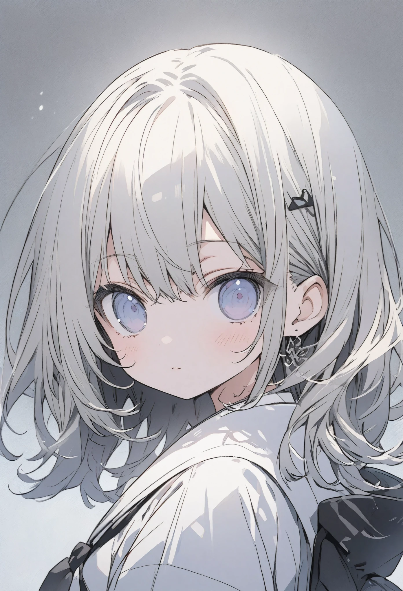 An anime illustration in which the upper body is visible from the right edge of the illustration、chibi, Chibi character、Looking at the viewer and waving、The background is a simple single color, on right