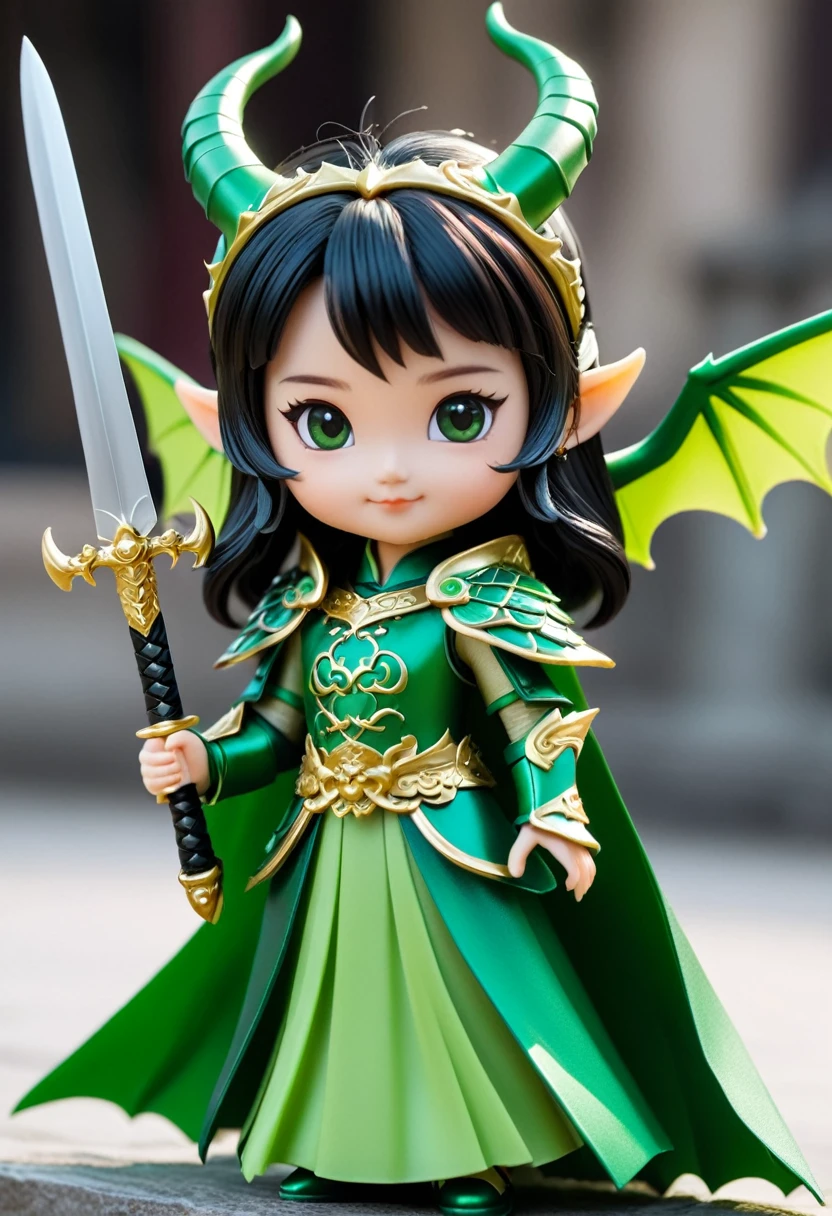 (masterpiece, Highest quality)、Cute Girl Dragon King、Pointy Ears、Horns growing from his head、Green Chinese Armor、Green devil wings、Not scary、The sword in her hand has a black blade、Except for his head, he is covered in green armor.、A fluttering green cape、Not scary、、