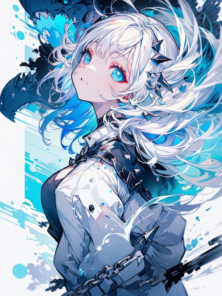 Woman, cute, baggy shirt, tight pants, looking up, weapon, white hair, light blue, water, shark, double teeth, nude