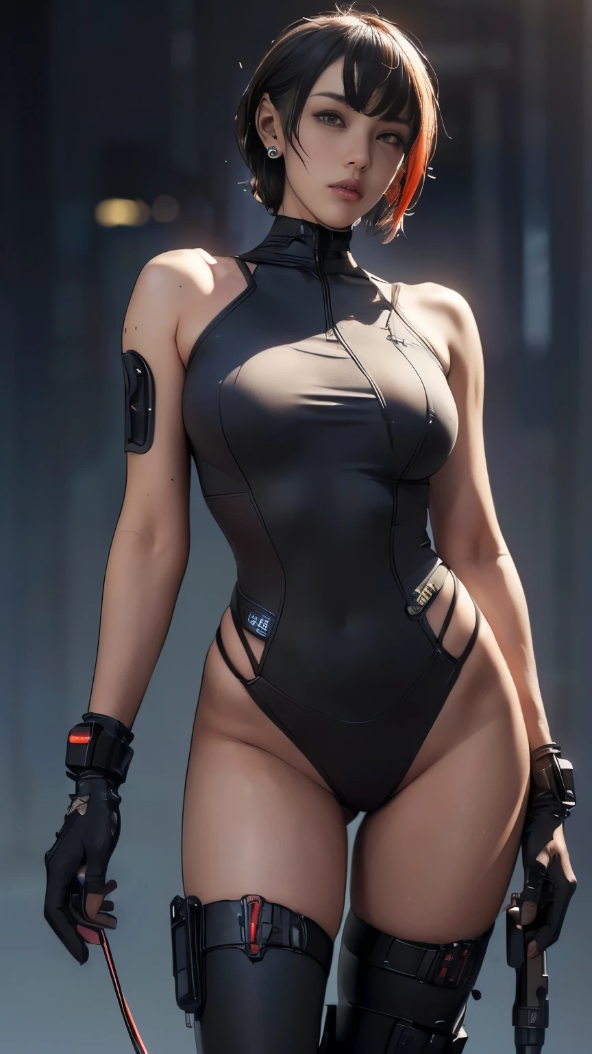 (A woman),(((A female special forces member stands))),((Red tactical High leg bodysuit:1.5)),((earphone:1.5)),((Tactical Holster:1.5)),(Gloves:1.5),(Serious:1.5),(Super short hair:1.5),(bionde:1.5),(beautiful eyes:1.3),(Very detailedな顔:1.5),((Very detailed drawing of a female hand:1.5)),((muscular:1.5)),(Sexy appearance:1.5),((Thick thighs:1.5)),(Beautiful Body:1.5),((Very sensual:1.5)),(The backdrop is a futuristic city:1.5),(Cyberpunk atmosphere:1.5),(((Blurred Background:1.5))),(Written border depth:1.5),rest(((masterpiece:1.5),(best quality:1.5),(Very detailed:1.5),(high resolution:1.5),(Practical:1.5),(Practical:1.5),(Delicate depiction),(Carefully drawn))),8k,wallpaper